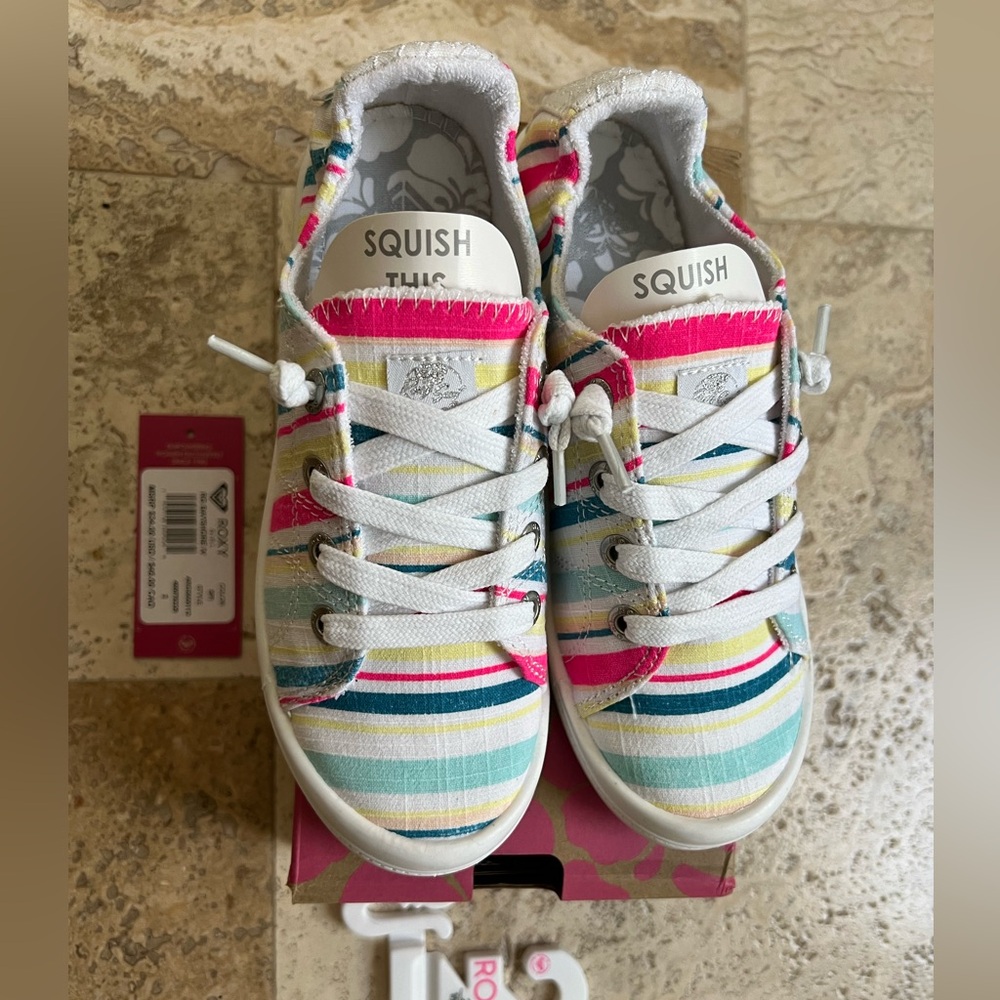 Roxy Girls Bayshore Sneakers Size 2 Blue Pink Yellow White Stripes - Picture 3 of 6
